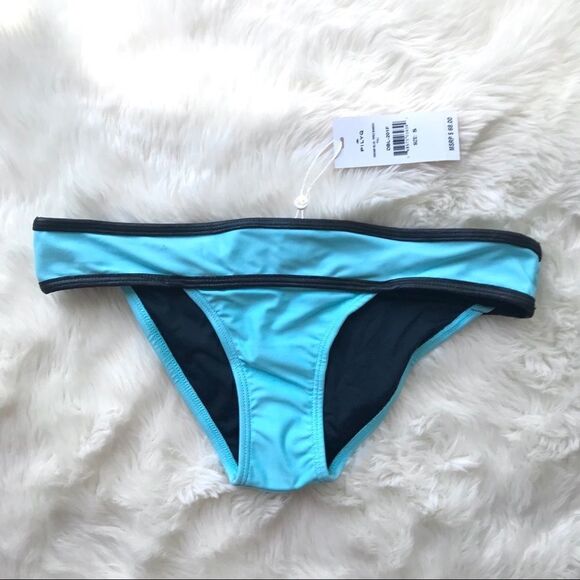 PILYQ Banded Full Bikini Bottom Low Rise Colorblock Aqua‎ Blue Black Small New - Picture 3 of 7